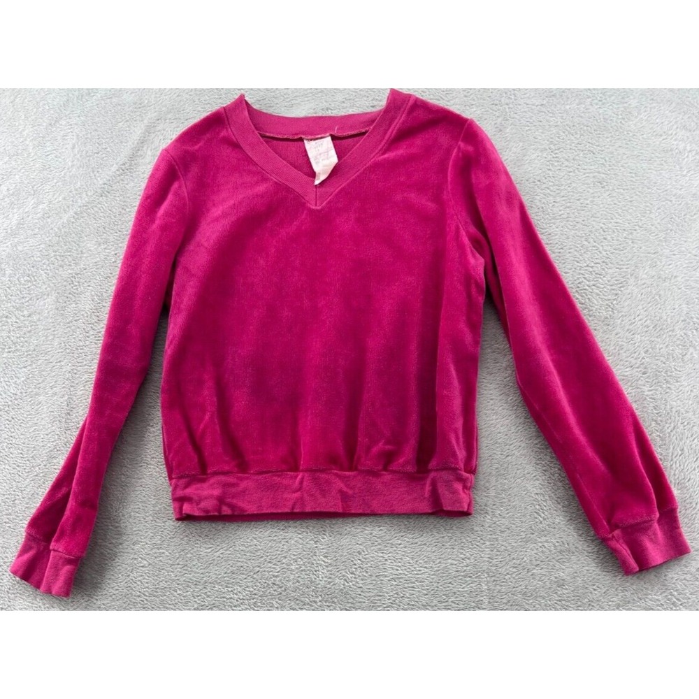 Vintage Velour Sweater Girls Sz 14 Hot Pink V Neck Velour Long Sleeve 80s